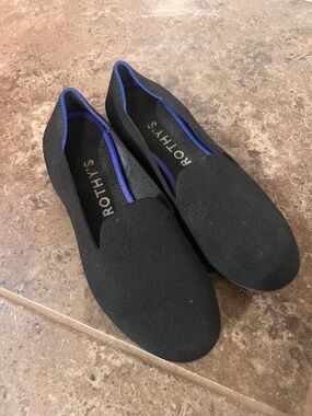 Rothy's Black Slip-On Loafers with Blue Trim